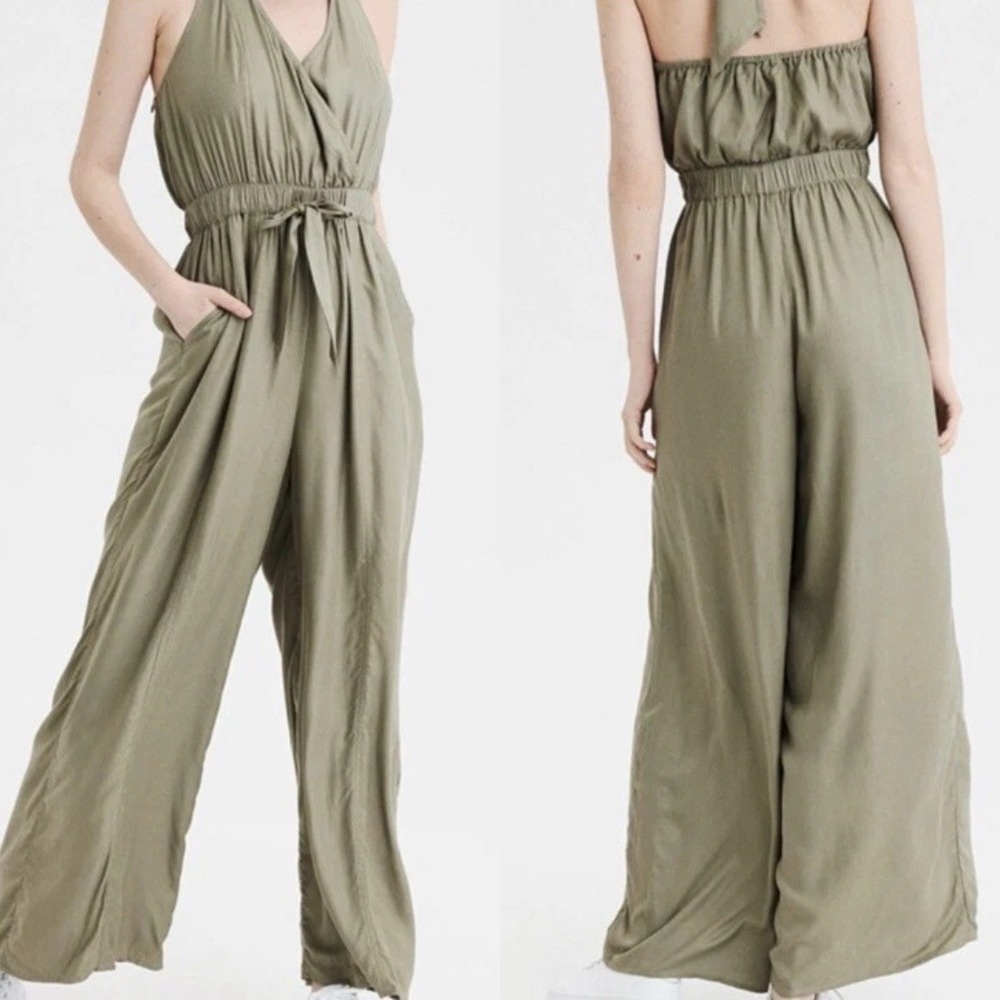 American Eagle | Halter Tie Waist Wide Leg Jumpsuit in Olive Green